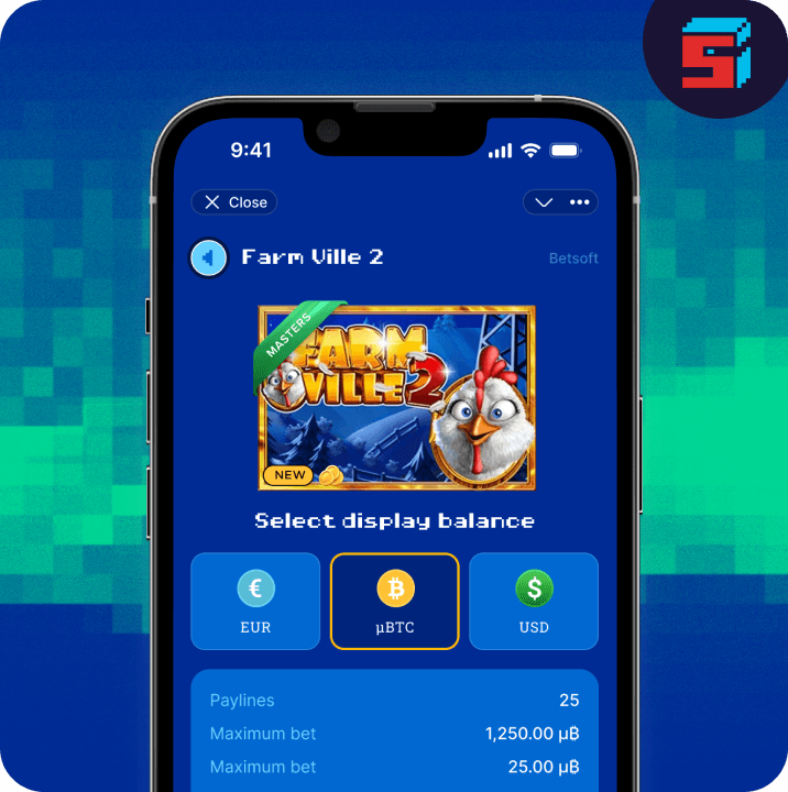 Spinly mobile app displaying game details with multi-currency crypto support