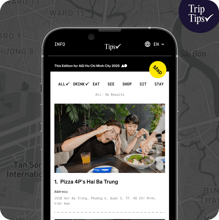 TripTips mobile app showing curated local guides on a city map
