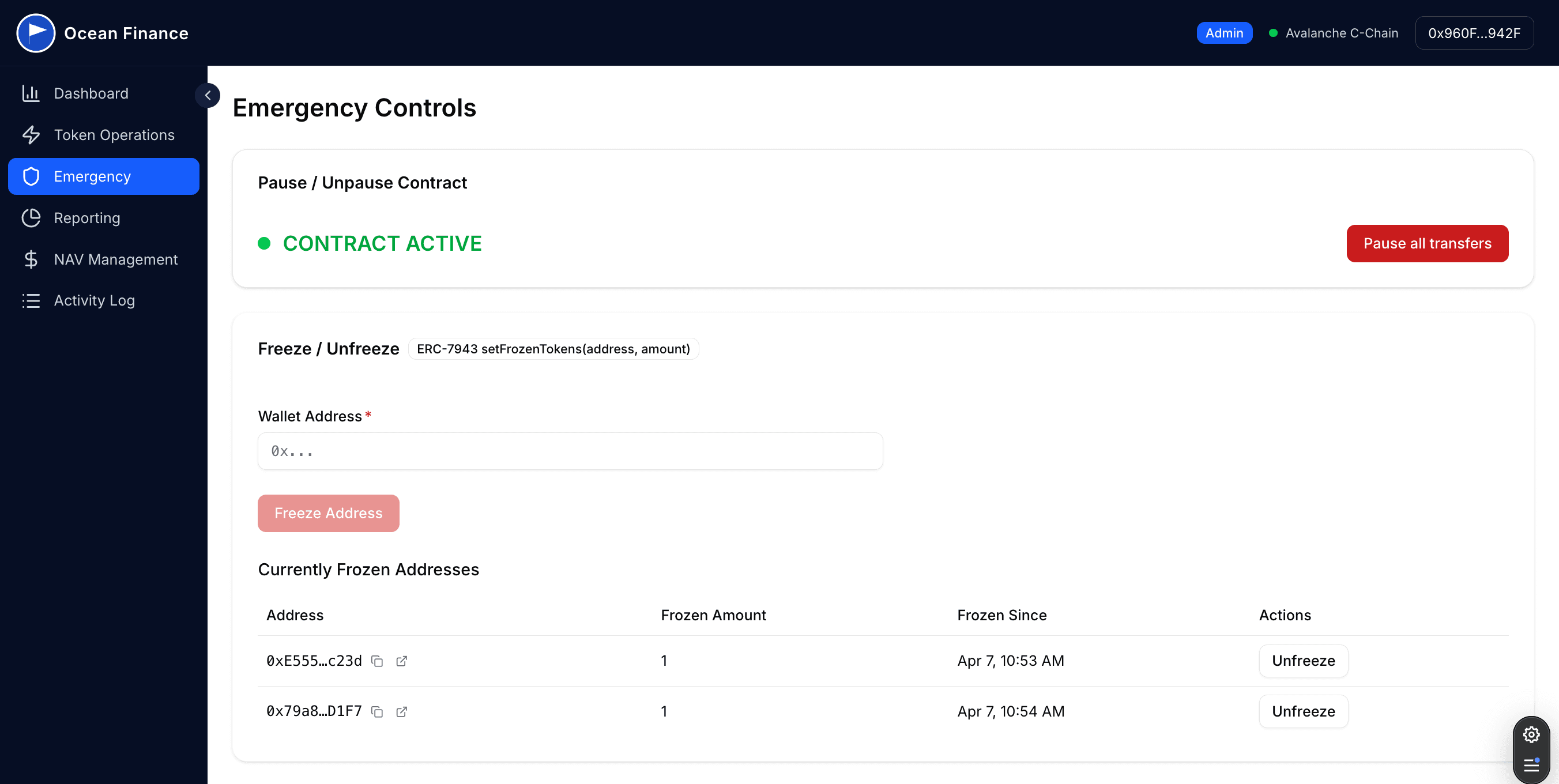 Emergency panel - Freeze and unfreeze