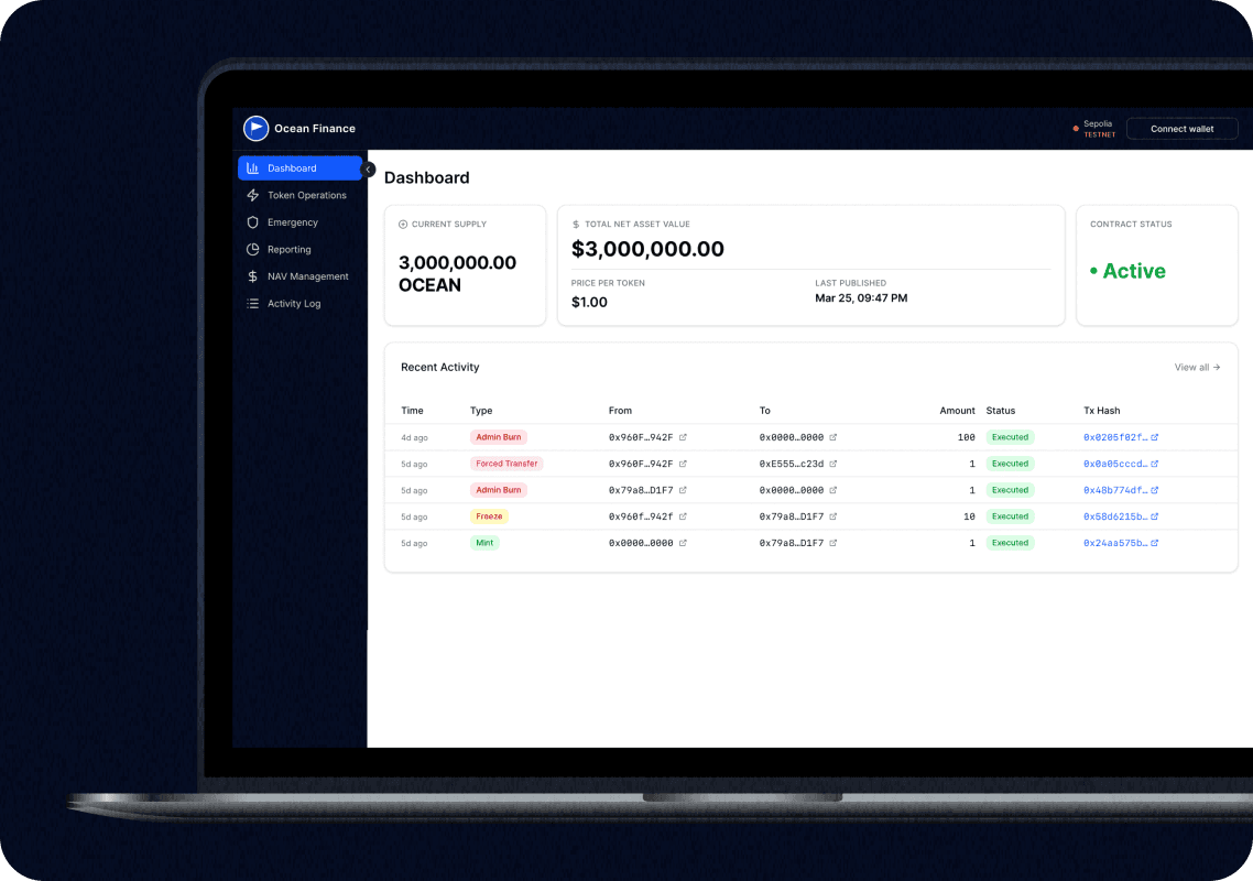 Ocean Finance admin dashboard with token operations and activity
