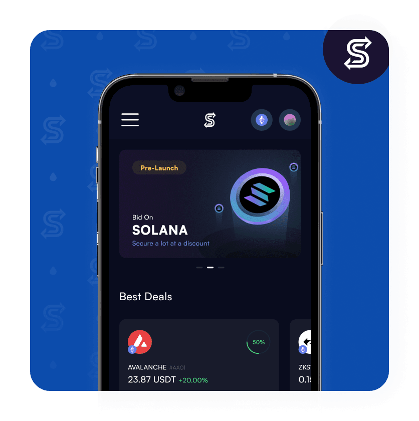 SecondSwap mobile app showing Solana token bidding and best deals marketplace