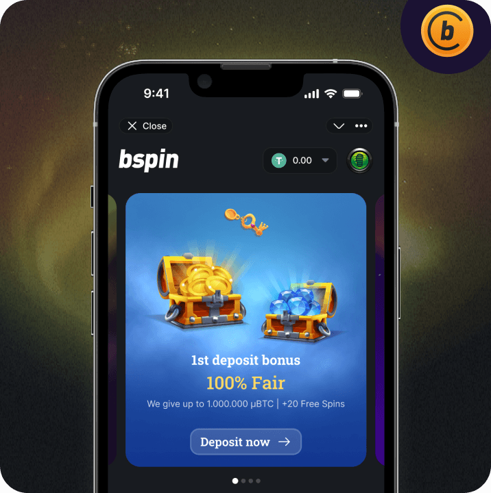 bspin mobile app showing first deposit bonus with treasure chest promotion
