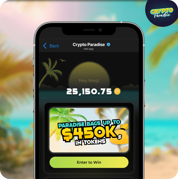 Crypto Paradise mini app displaying user token balance and giveaway promotion