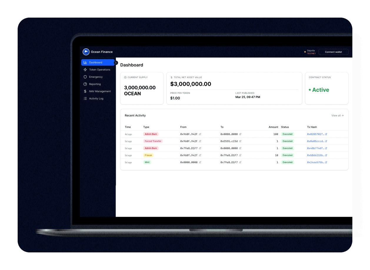 Ocean Finance admin dashboard with token operations and activity