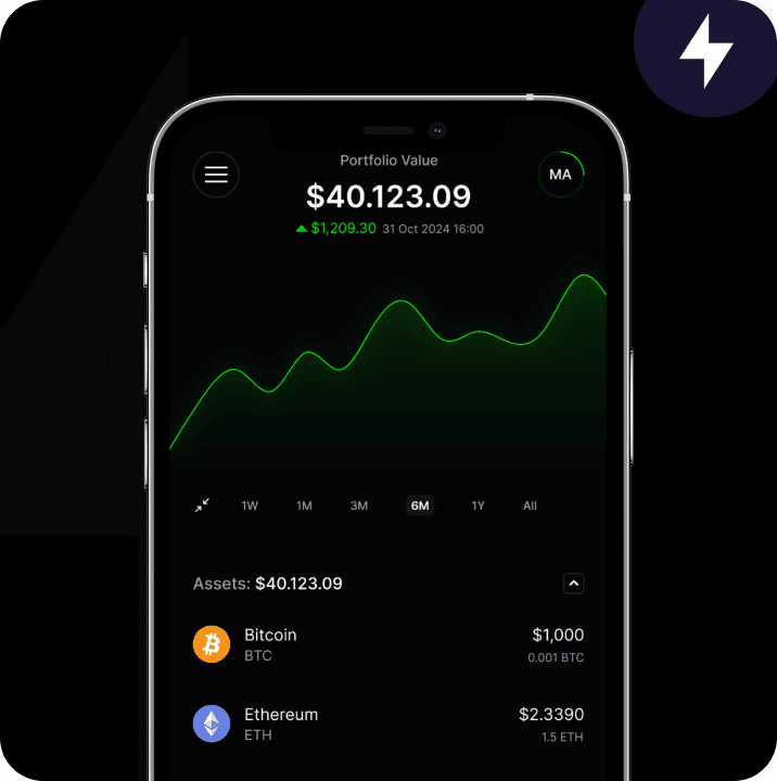 PowerTrade mobile app showing portfolio value chart and crypto asset holdings