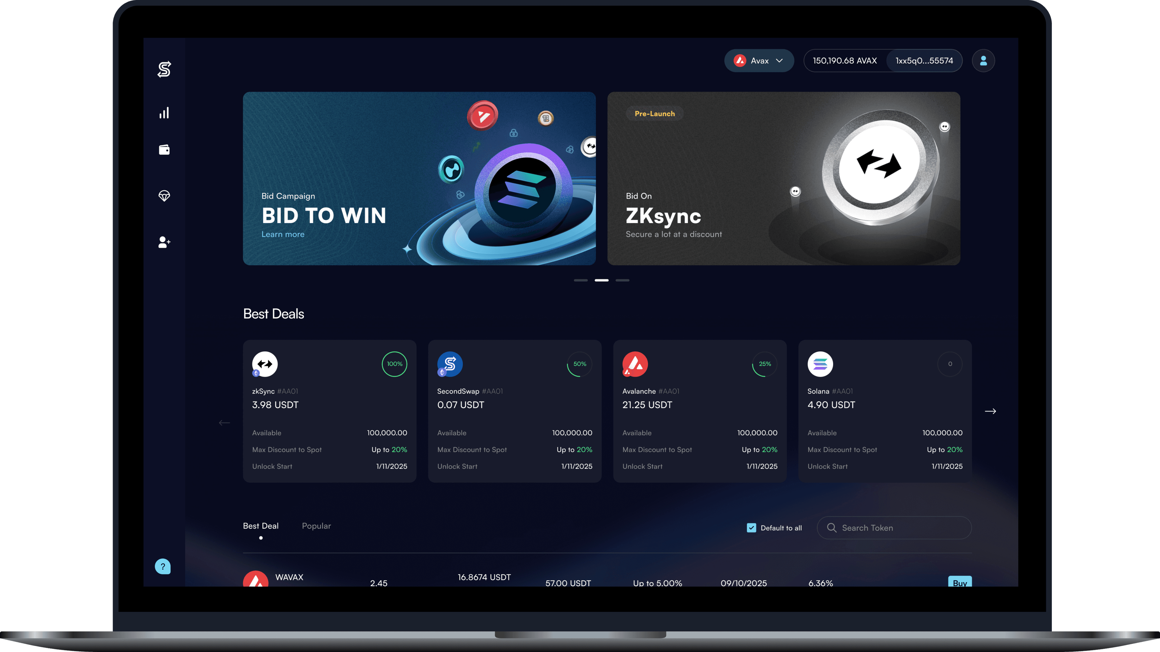 SecondSwap marketplace dashboard showing best deals and token listings